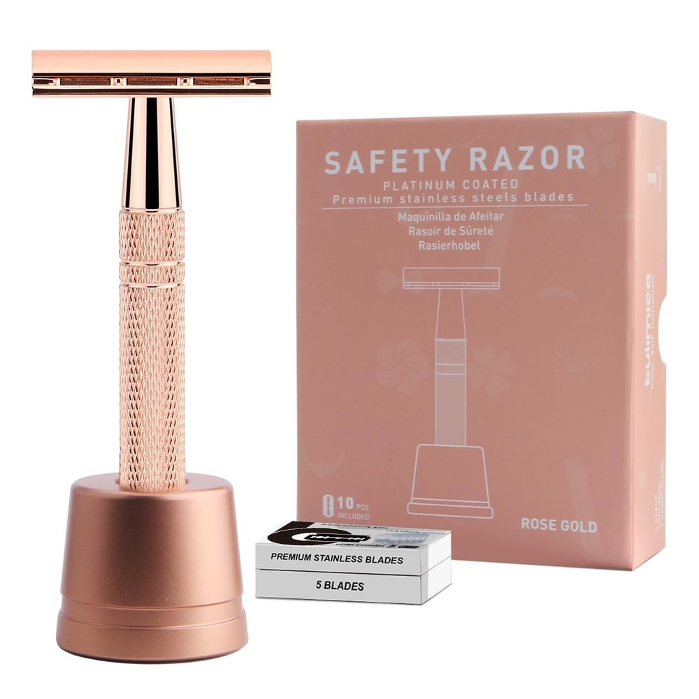 Bulimica Double Edge Safety Razor Rose Gold w/ Stand & 10 Blades New - Picture 1 of 3